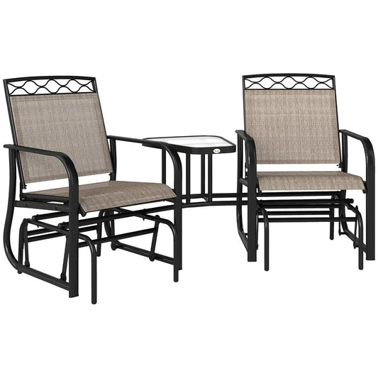 Outsunny Double Outdoor Glider Chair, 2 Seater Patio Rocking Chairs, Swing Bench with Tempered Glass Table, Breathable Mesh Fabric for Backyard, Garden, Porch, Brown 