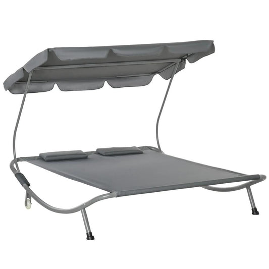 Outsunny Double Sun Lounger with Adjustable Detachable Canopy, Portable Garden Daybed for 2 with Wheels, Outdoor Sunbed Hammock with 2 Pillows, 220 KG Max. Load 