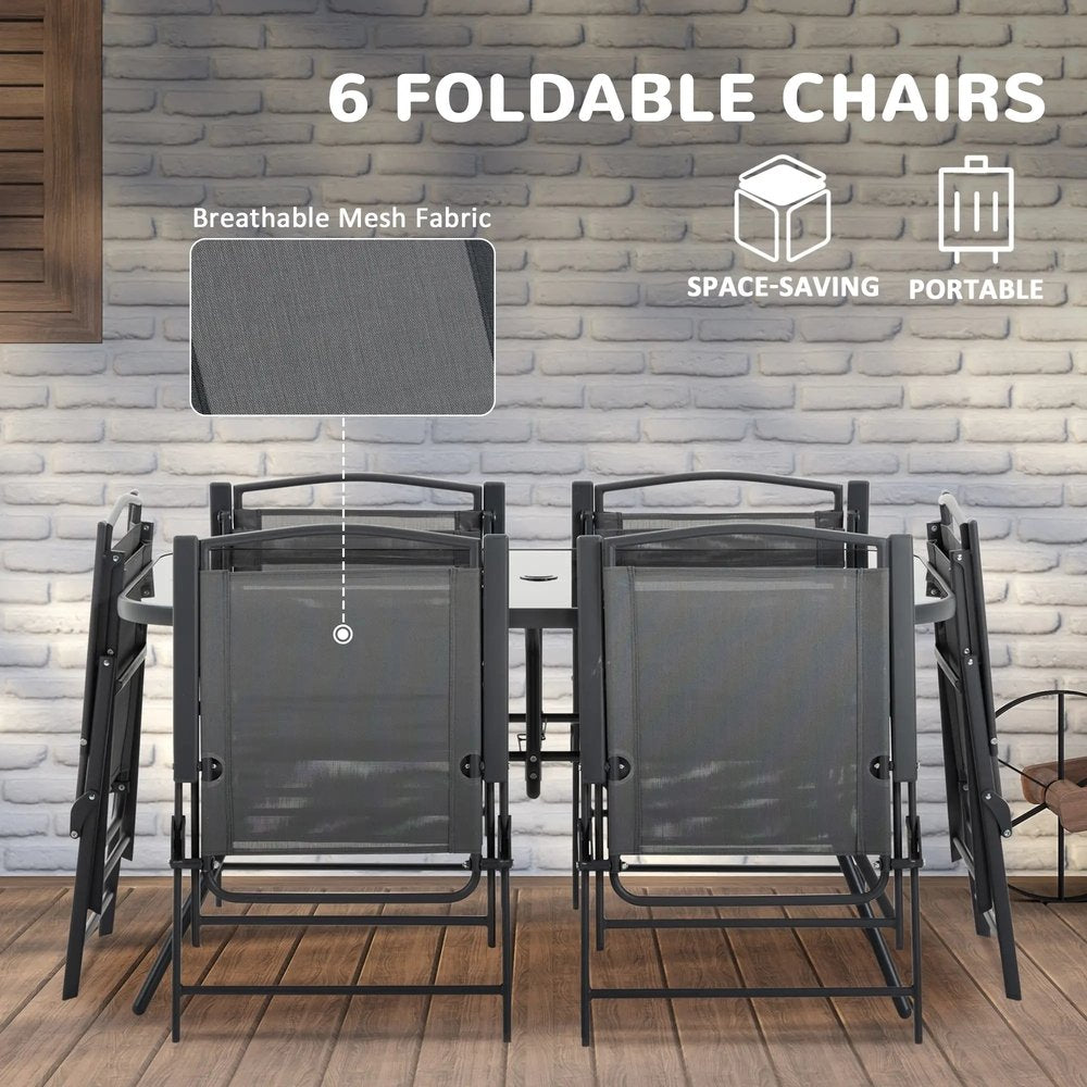 Outsunny Eight-Piece Garden Dining Set, with Chairs, Table and Parasol - Black 4