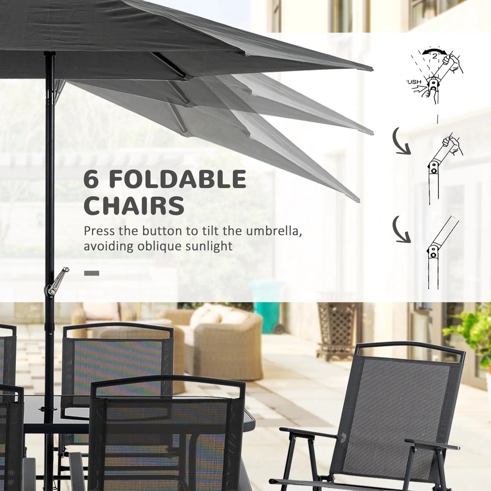 Outsunny Eight-Piece Garden Dining Set, with Chairs, Table and Parasol - Black 5