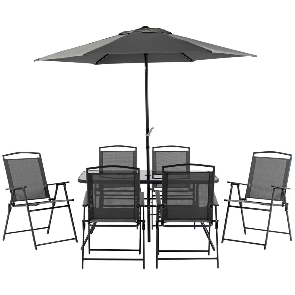 Outsunny Eight-Piece Garden Dining Set, with Chairs, Table and Parasol - Black 