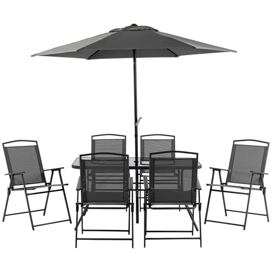 Outsunny Eight-Piece Garden Dining Set, with Chairs, Table and Parasol - Black 
