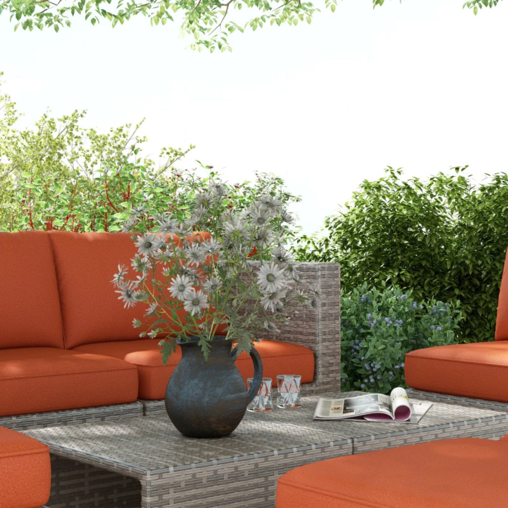 Outsunny Eight-Piece Rattan Garden Set, with Contrast Cushions - Orange/Grey
