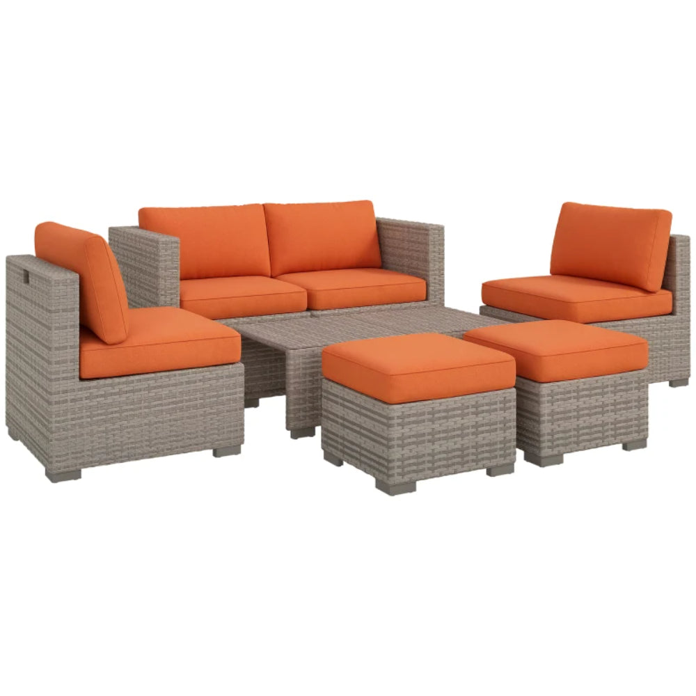 Outsunny Eight-Piece Rattan Garden Set, with Contrast Cushions - Orange/Grey