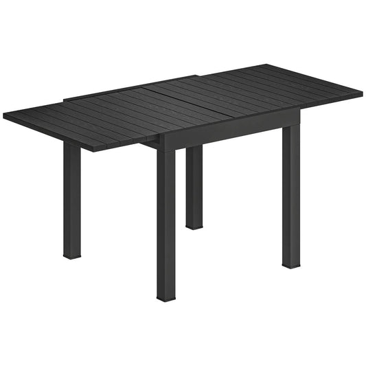 Outsunny Extending Garden Table for 4-6, Aluminium Outdoor Dining Table with Faux Wood Slatted Top, Black 