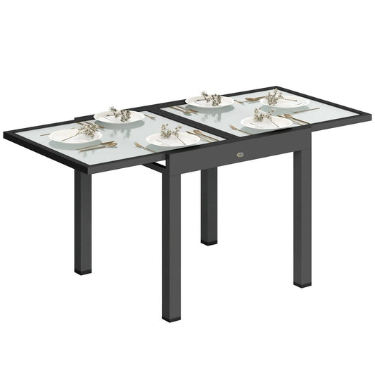 Outsunny Extending Garden Table, Outdoor Dining Table with Aluminium Frame and Tempered Glass Tabletop, 80/160 x 80 x 75 cm, Black and Clear 