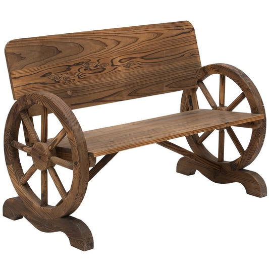 Outsunny Fir Wood 2-Seater Outdoor Garden Wagon Wheel Bench 