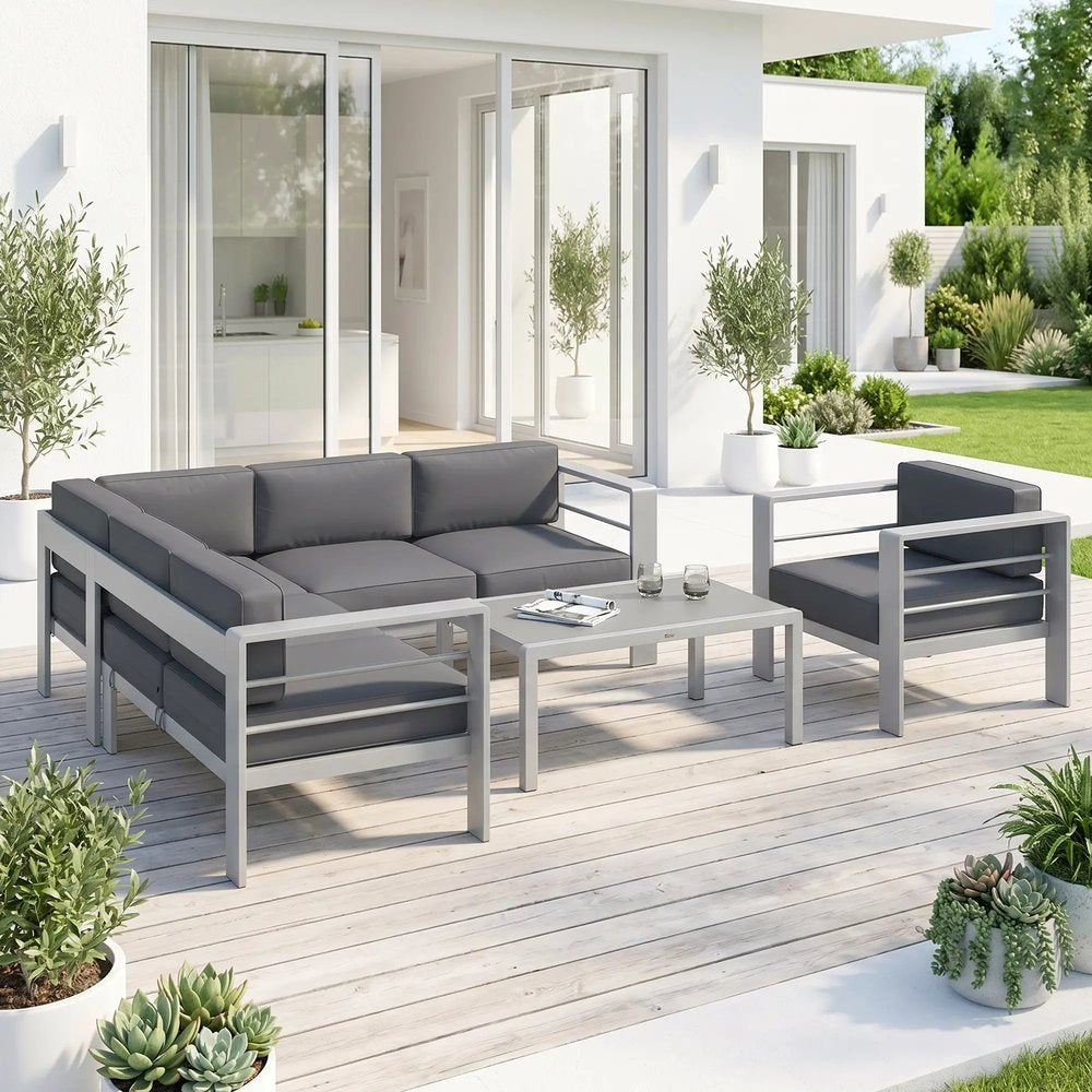 Outsunny Five-Piece Aluminium Garden Sofa Set, with Glass-Top Table - Grey 1