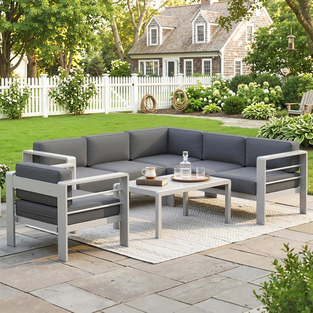 Outsunny Five-Piece Aluminium Garden Sofa Set, with Glass-Top Table - Grey 6