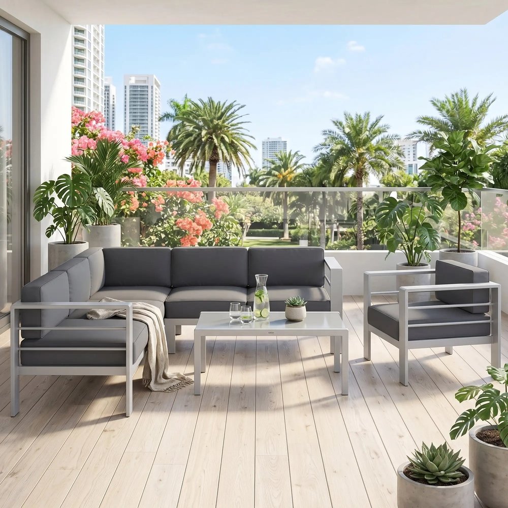 Outsunny Five-Piece Aluminium Garden Sofa Set, with Glass-Top Table - Grey 7