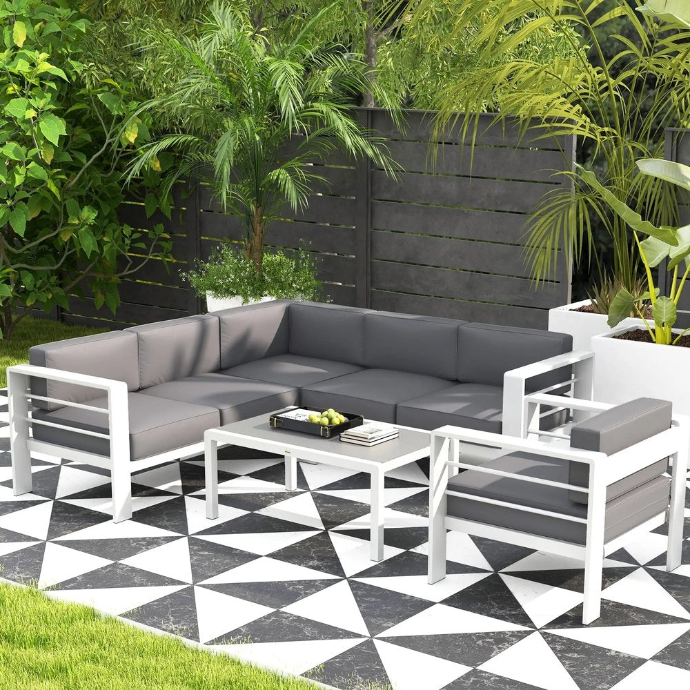 Outsunny Five-Piece Aluminium Garden Sofa Set, with Glass-Top Table - Grey 9