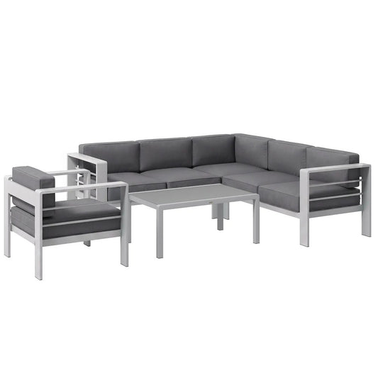 Outsunny Five-Piece Aluminium Garden Sofa Set, with Glass-Top Table - Grey 