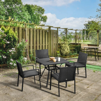 Outsunny Five-Piece Garden Dining Set, with Rattan Seat Chairs and Cushions - Black