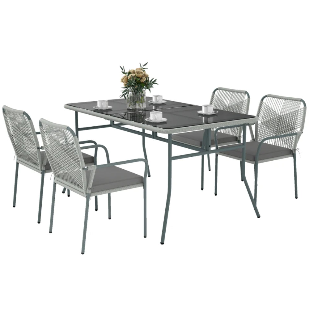 Outsunny Five-Piece PE Rattan Garden Dining Set with Cushions & Stackable Chairs - Light Grey