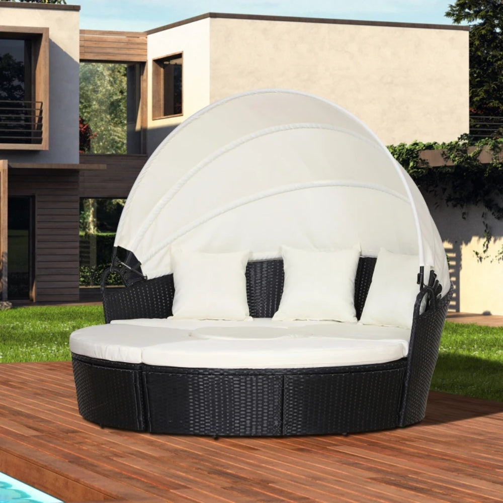 Outsunny Five-Piece Rattan Garden Bed, with Canopy - Black/White