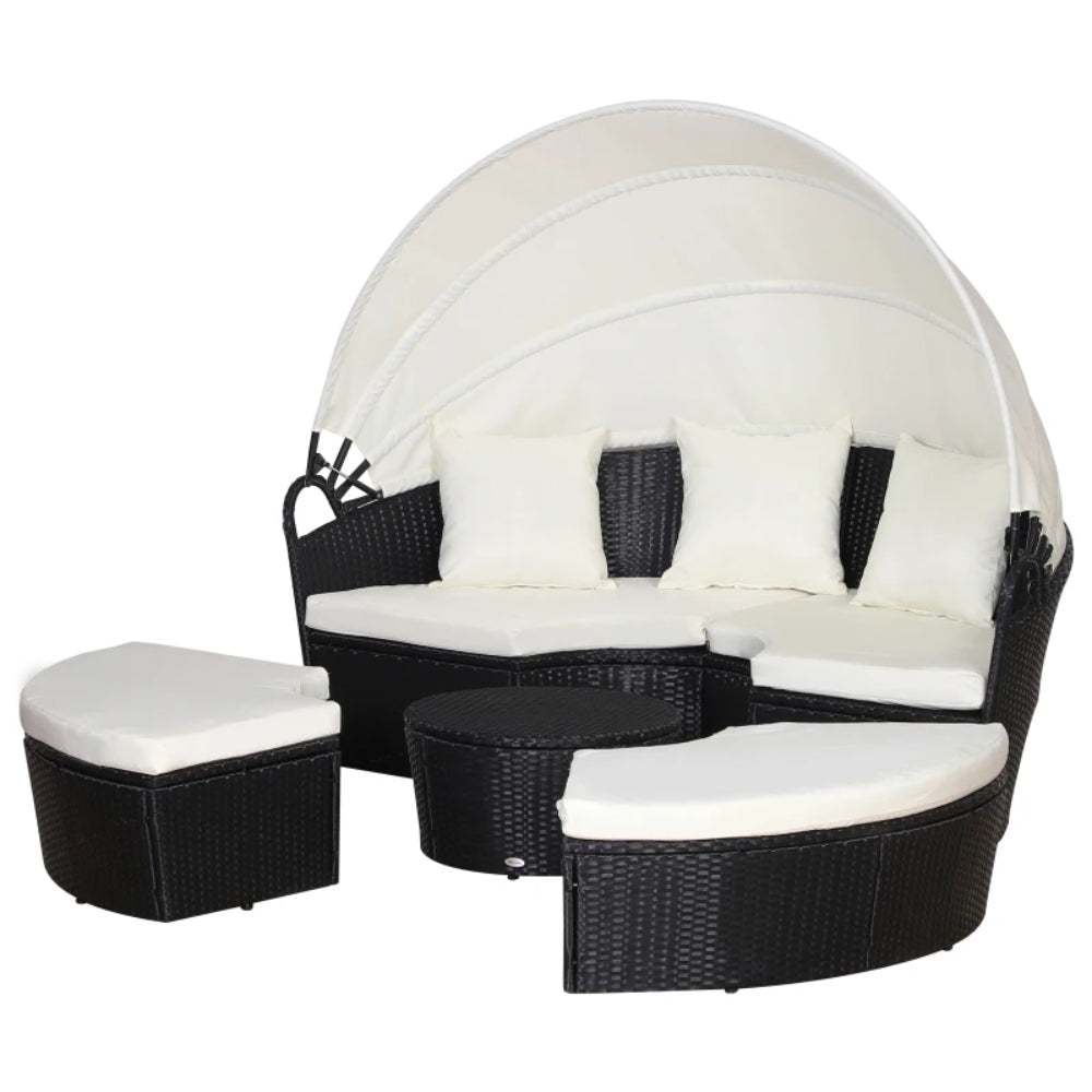 Outsunny Five-Piece Rattan Garden Bed, with Canopy - Black/White