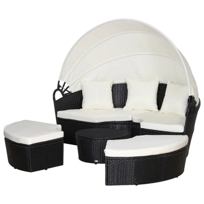 Outsunny Five-Piece Rattan Garden Bed, with Canopy - Black/White