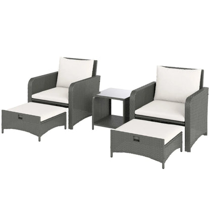 Outsunny Five Piece Rattan Garden Furniture Set with 2-Tier Coffee Table and Ottomans - Cream White