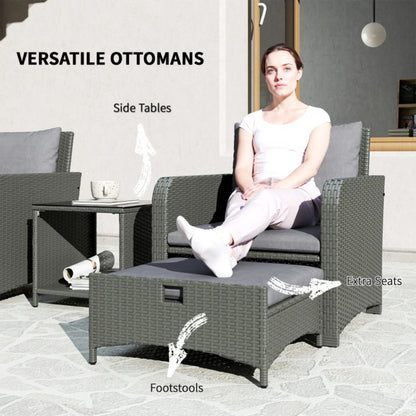 Outsunny Five Piece Rattan Garden Furniture Set with 2-Tier Coffee Table and Ottomans - Grey