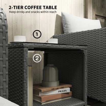 Outsunny Five Piece Rattan Garden Furniture Set with 2-Tier Coffee Table and Ottomans - Grey