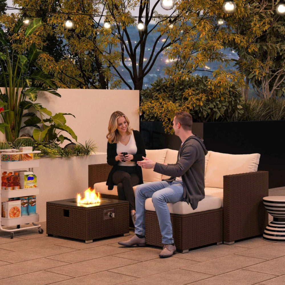 Outsunny Five Piece Rattan Garden Furniture Set with Gas Fire Pit Table and Footstool