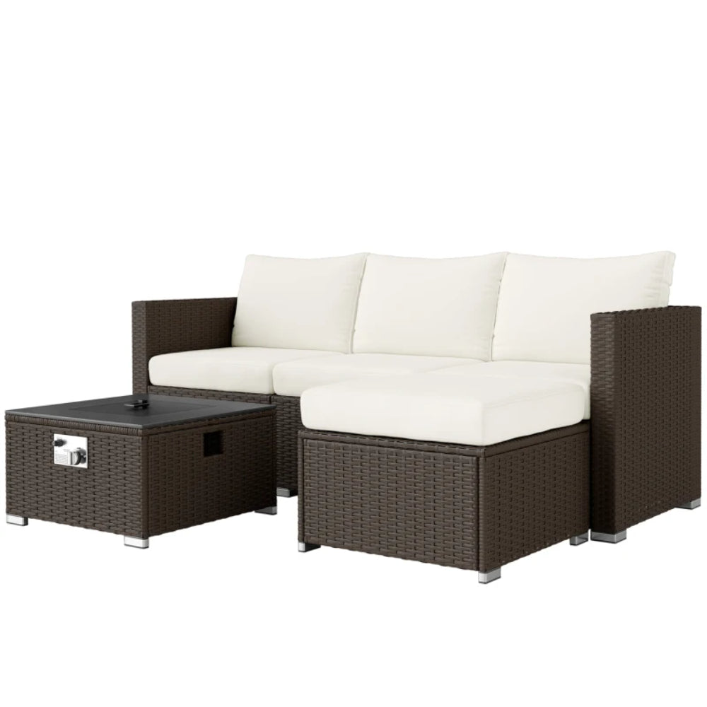 Outsunny Five Piece Rattan Garden Furniture Set with Gas Fire Pit Table and Footstool