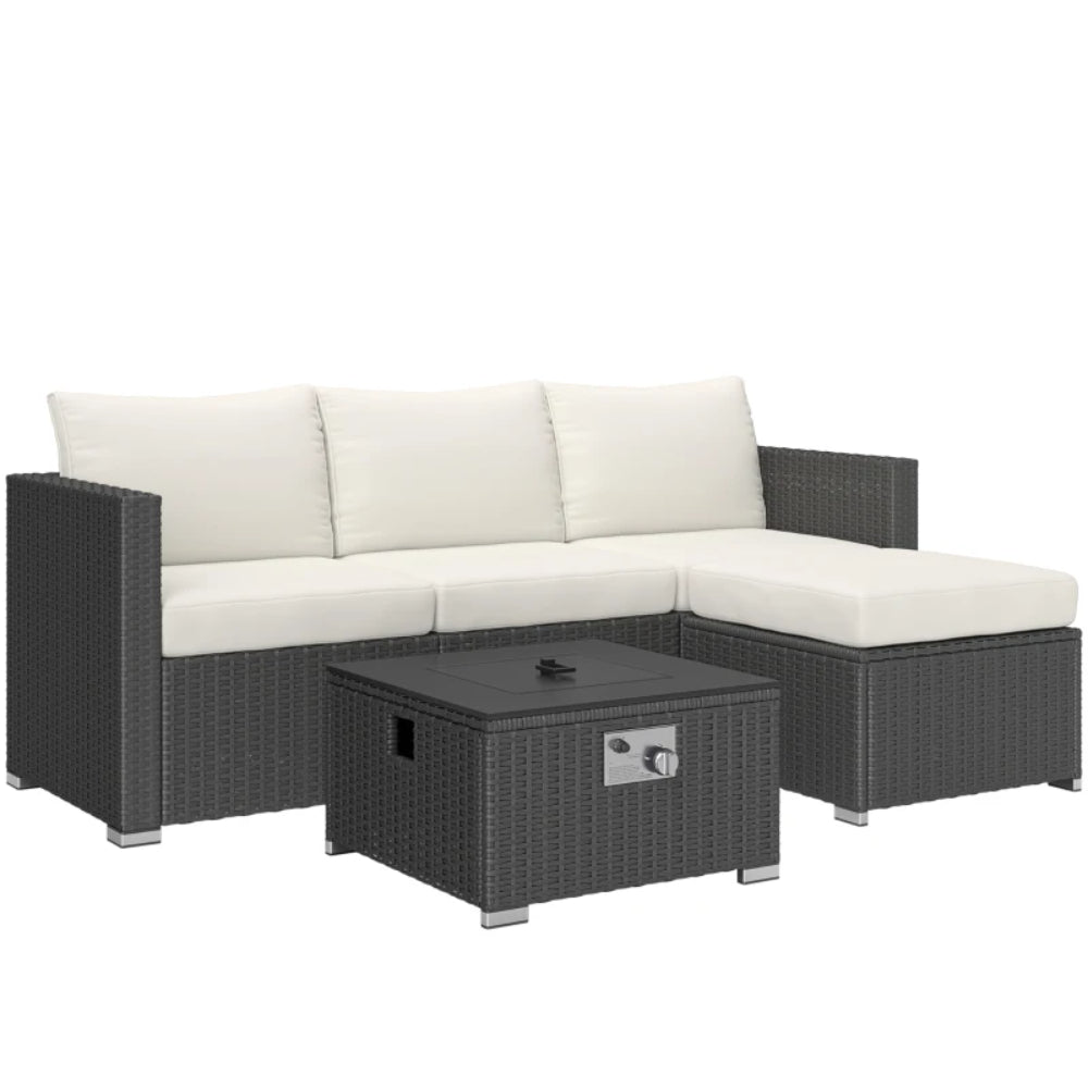 Outsunny Five Piece Rattan Garden Furniture Set with Gas Fire Pit Table and Footstool