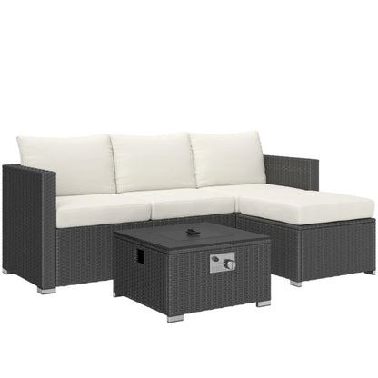 Outsunny Five Piece Rattan Garden Furniture Set with Gas Fire Pit Table and Footstool