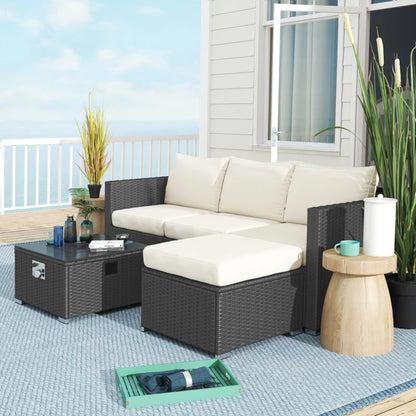 Outsunny Five Piece Rattan Garden Furniture Set with Gas Fire Pit Table and Footstool