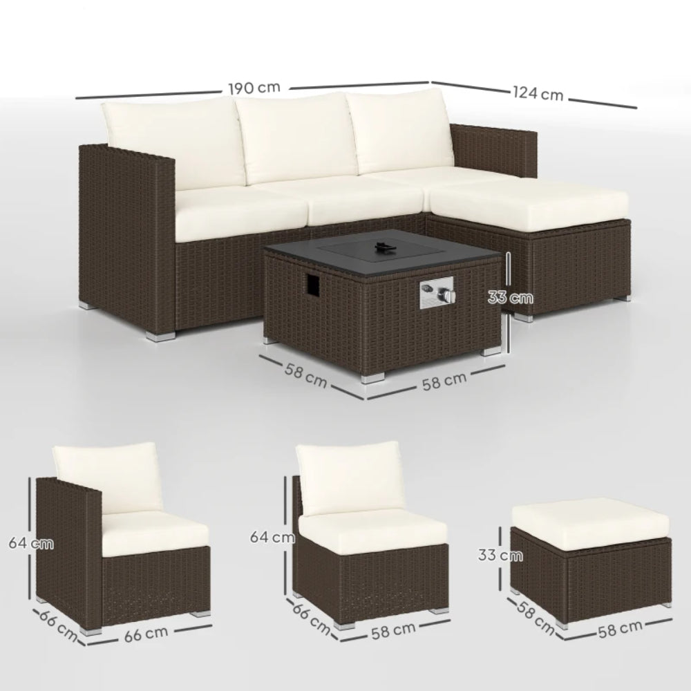 Outsunny Five Piece Rattan Garden Furniture Set with Gas Fire Pit Table and Footstool