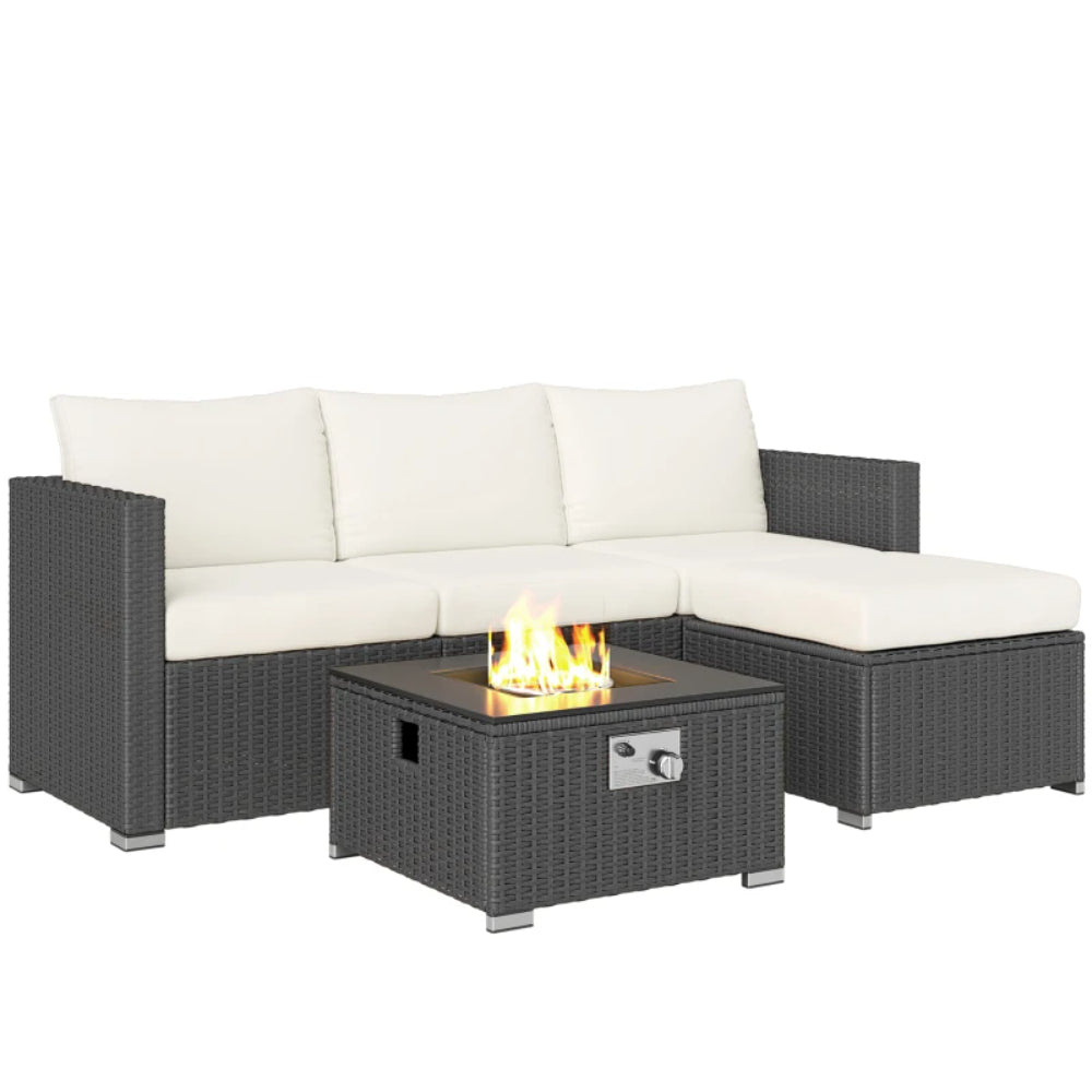 Outsunny Five Piece Rattan Garden Furniture Set with Gas Fire Pit Table and Footstool