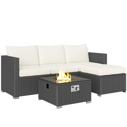 Outsunny Five Piece Rattan Garden Furniture Set with Gas Fire Pit Table and Footstool
