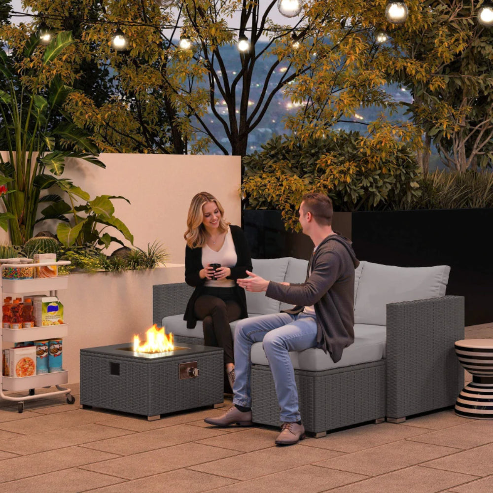 Outsunny Five Piece Rattan Garden Furniture Set with Gas Fire Pit Table and Footstool