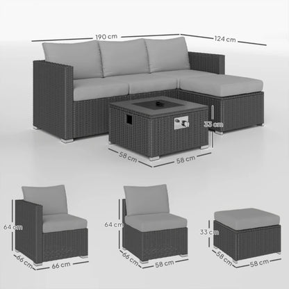 Outsunny Five Piece Rattan Garden Furniture Set with Gas Fire Pit Table and Footstool