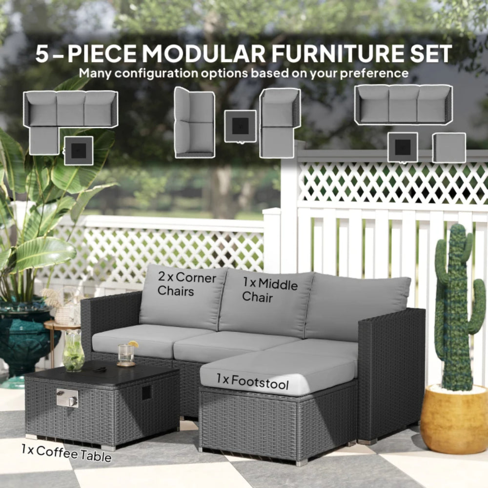 Outsunny Five Piece Rattan Garden Furniture Set with Gas Fire Pit Table and Footstool