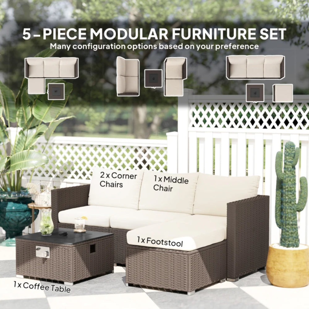 Outsunny Five Piece Rattan Garden Furniture Set with Gas Fire Pit Table and Footstool