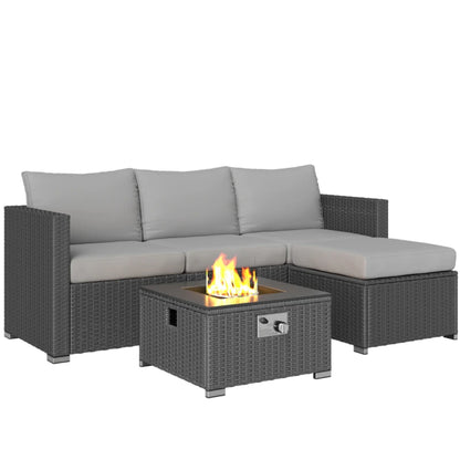 Outsunny Five Piece Rattan Garden Furniture Set with Gas Fire Pit Table and Footstool