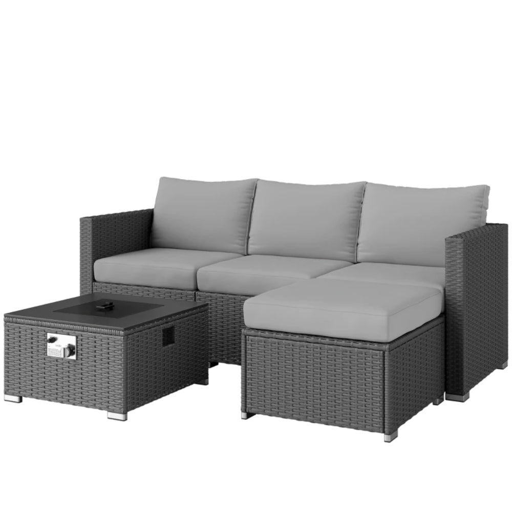 Outsunny Five Piece Rattan Garden Furniture Set with Gas Fire Pit Table and Footstool