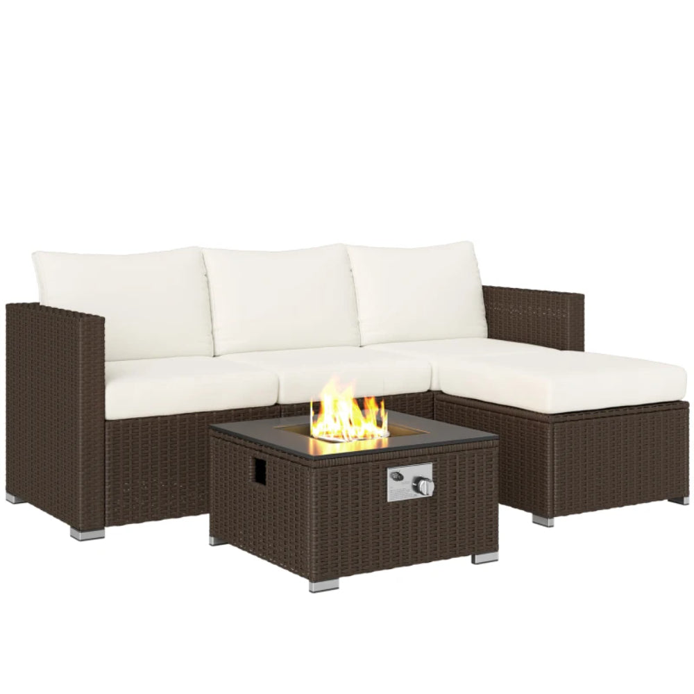 Outsunny Five Piece Rattan Garden Furniture Set with Gas Fire Pit Table and Footstool