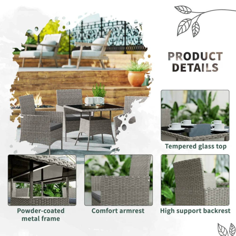Outsunny Five-Pieces Rattan Dining Set with Tempered Glass-top Table - Light Grey