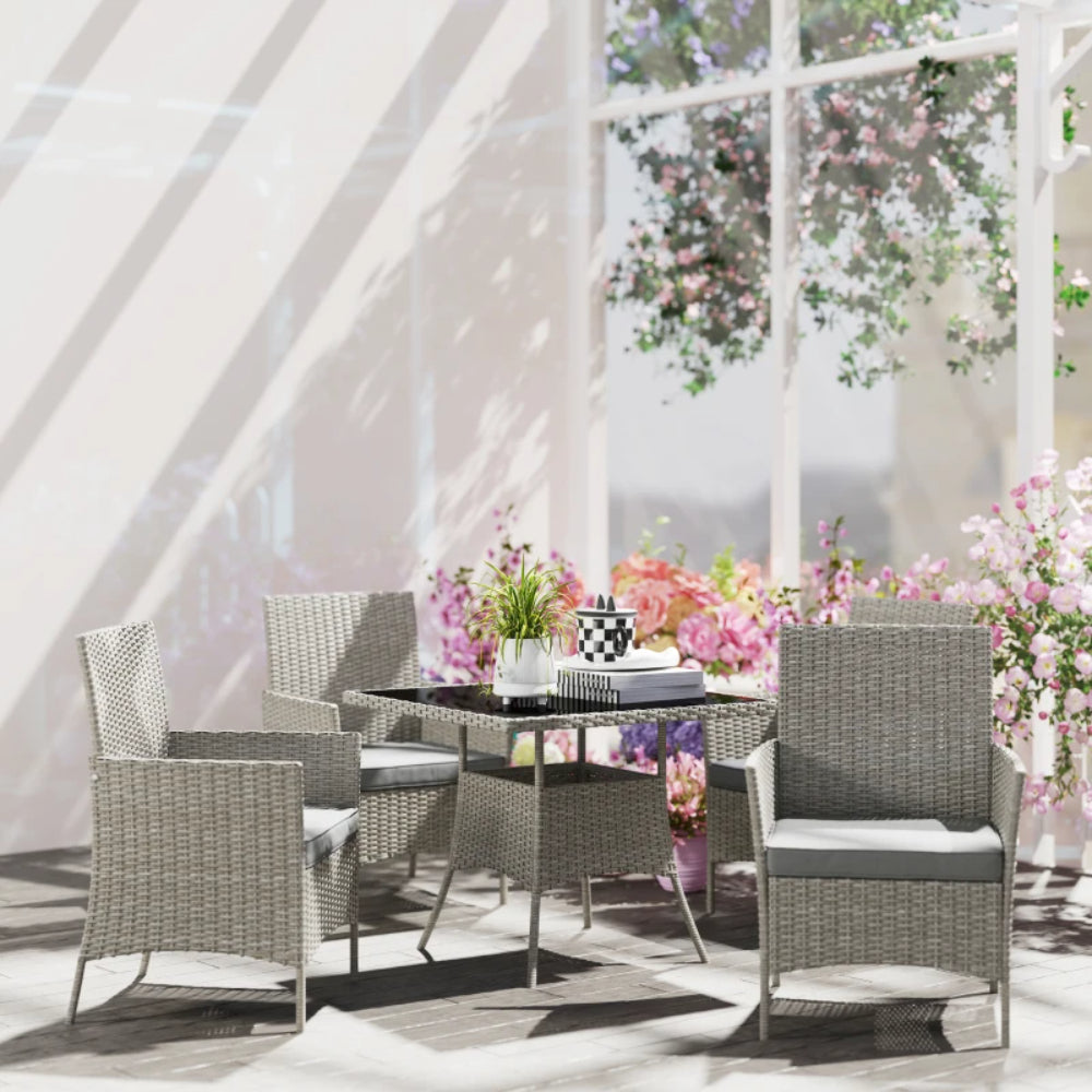 Outsunny Five-Pieces Rattan Dining Set with Tempered Glass-top Table - Light Grey
