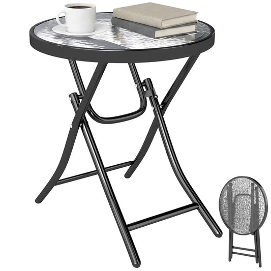 Outsunny Foldable Garden Table, Round Folding Table with Glass Tabletop and Safety Buckle for Patio, Garden, Outdoor, Indoor, Black 