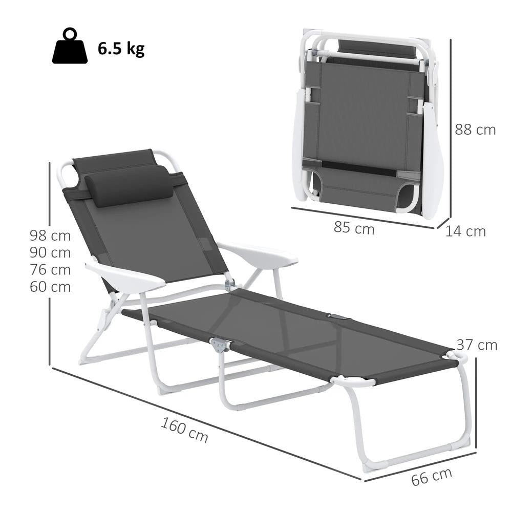 Outsunny Foldable Lounge Chair with 4-Level Adjustable Backrest & Headrest - Charcoal Grey 2