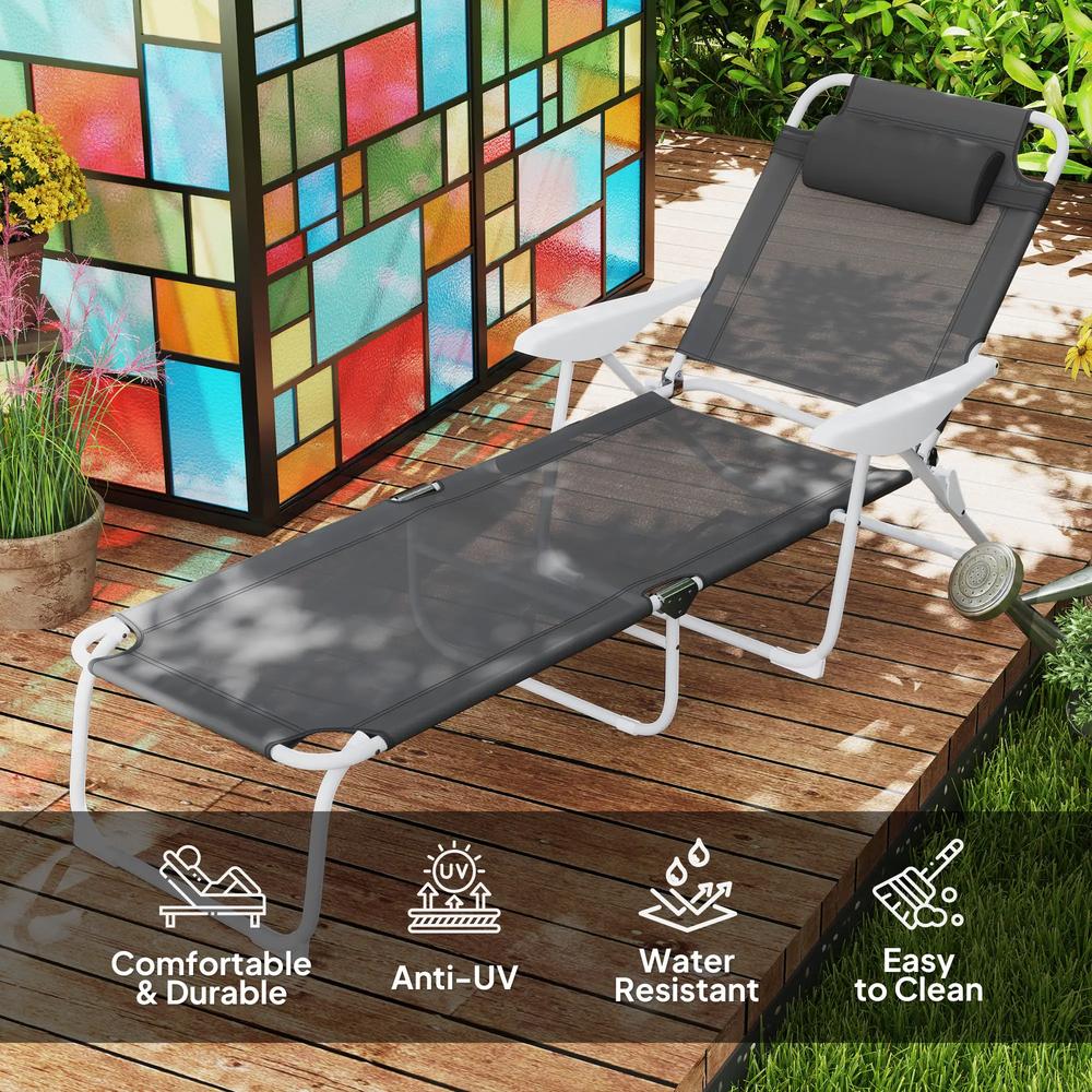 Outsunny Foldable Lounge Chair with 4-Level Adjustable Backrest & Headrest - Charcoal Grey 3