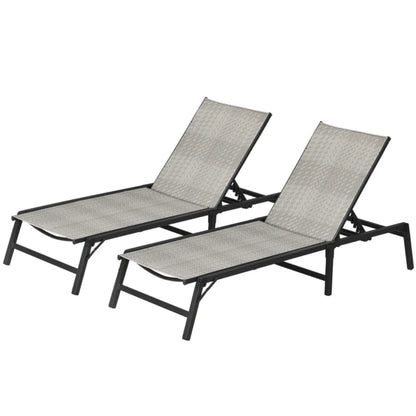 Outsunny Foldable Outdoor PE Rattan Sun Lounger Set of 2, Patio Wicker Recliners Lounge Chair w/ 5-Level Adjustable Backrest, for Poolside, Garden, Mixed Grey