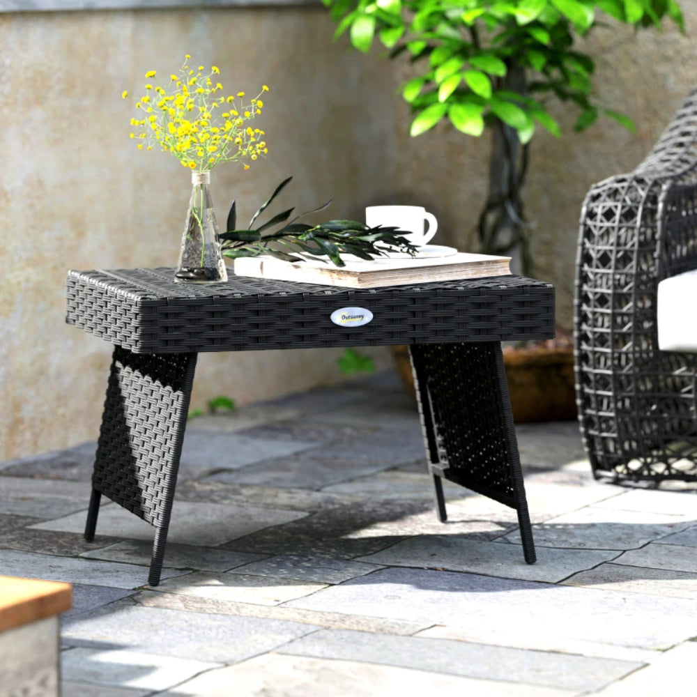 Outsunny Foldable Outdoor Side Table, Rattan Garden Coffee Table with Steel Frame, Space Saving Bistro Garden Furniture for Patio, Balcony, 60 x 41 x 41 cm
