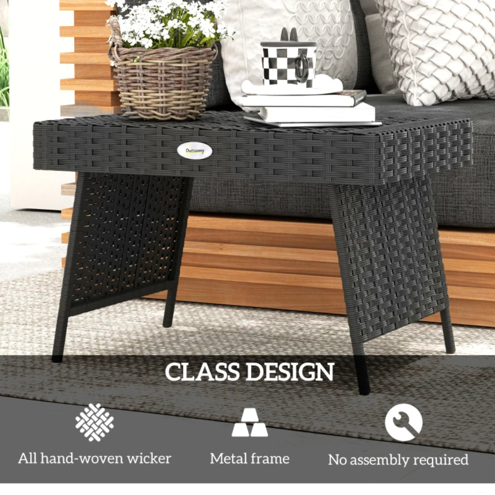 Outsunny Foldable Outdoor Side Table, Rattan Garden Coffee Table with Steel Frame, Space Saving Bistro Garden Furniture for Patio, Balcony, 60 x 41 x 41 cm