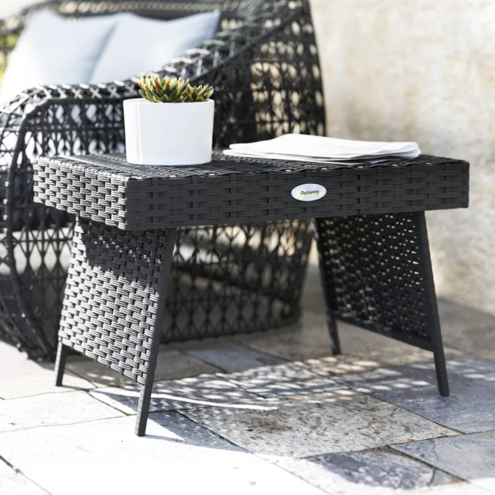 Outsunny Foldable Outdoor Side Table, Rattan Garden Coffee Table with Steel Frame, Space Saving Bistro Garden Furniture for Patio, Balcony, 60 x 41 x 41 cm