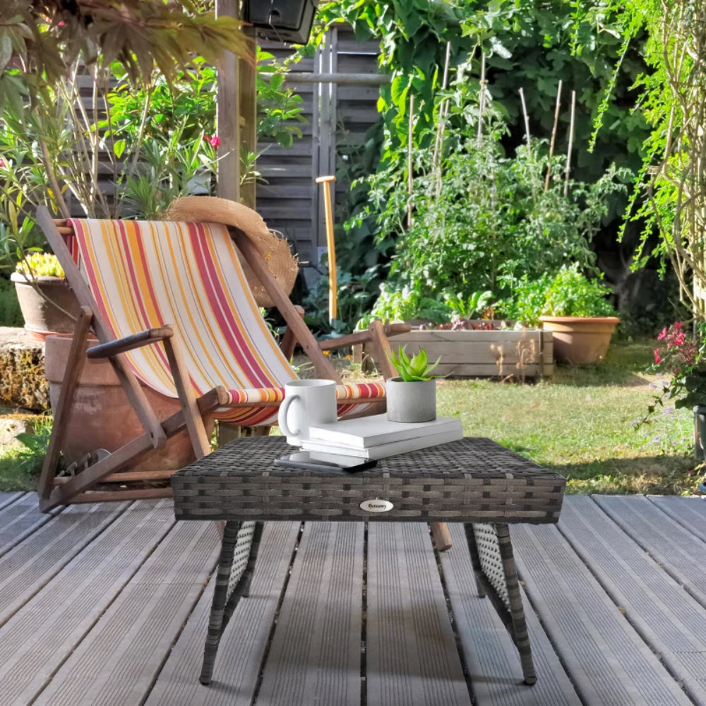 Outsunny Foldable Outdoor Side Table, Rattan Garden Coffee Table with Steel Frame, Space Saving Bistro Garden Furniture for Patio, Balcony, 60 x 41 x 41 cm