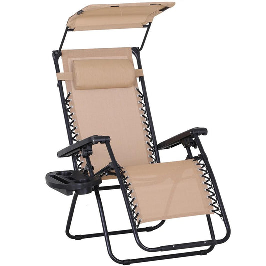 Outsunny Foldable Reclining Garden Chair with Headrest, Zero Gravity Deck Sun Lounger Seat Chair with Footrest, Armrest, Cup Holder & Canopy Shade 